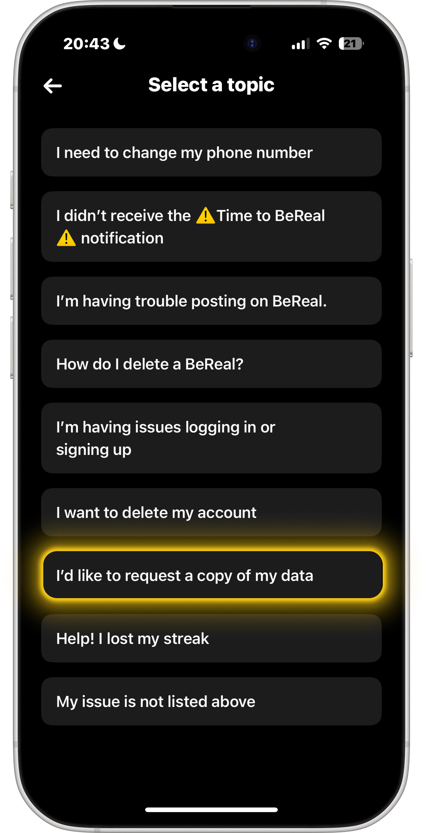 BeReal Välj ett ämne-skärm